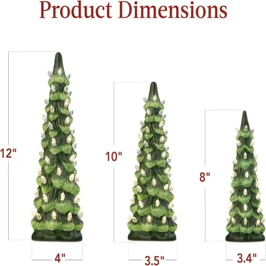 Set of 3 Pre-Lit Green Ceramic Christmas Trees {7}
