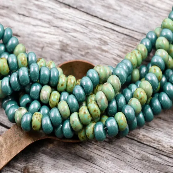 33/0 Aged Green Turquoise Picasso Seed Bead Mix (17" Strand) {3}