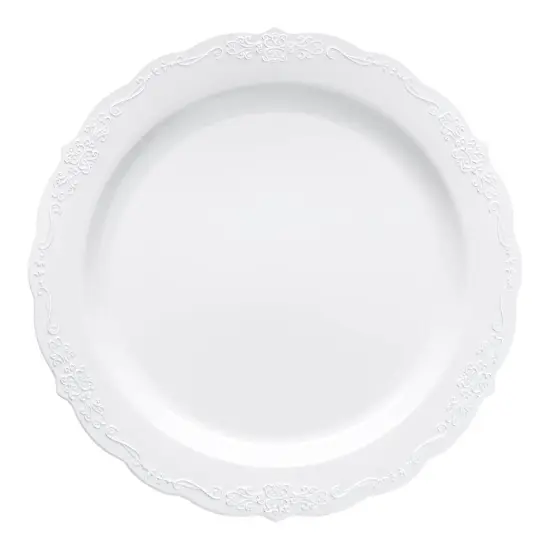 White with Silver Vintage Rim Round Disposable Plastic Dinner Plates - 10" (120 Plates) {2}