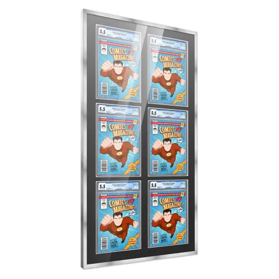 Comic Book Frame with Mat for 6 Graded Comics - Silver Wood Comic Frame With Black Mat for 8.125x13 Comics - 20.75x44.5 Frame Size {2}