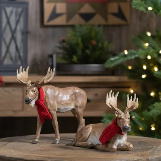 Melrose Carved Winter Moose with Scarf Christmas Tabletop Decoration - 10.25" - Set of 2 Brown {3}