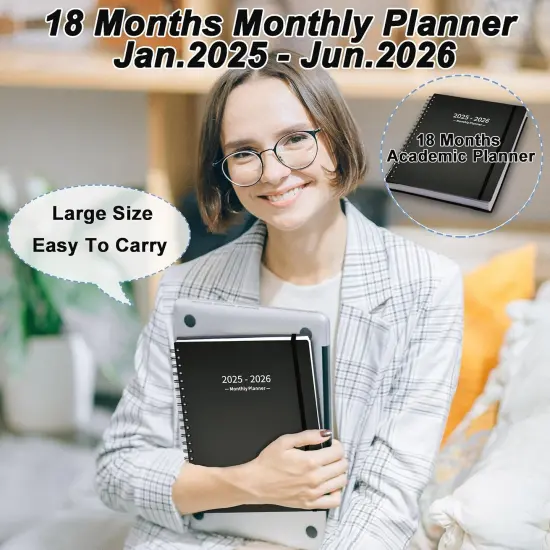 Monthly Planner 2025-2026 (7.4'' x 9.6''), 2025 Calendar 18 Months Planner from Jan 2025-Jun 2026, Academic Planner with Monthly Tabs & Pocket, Perfect for School & Work, 120GSM Thick Paper, Black {2}