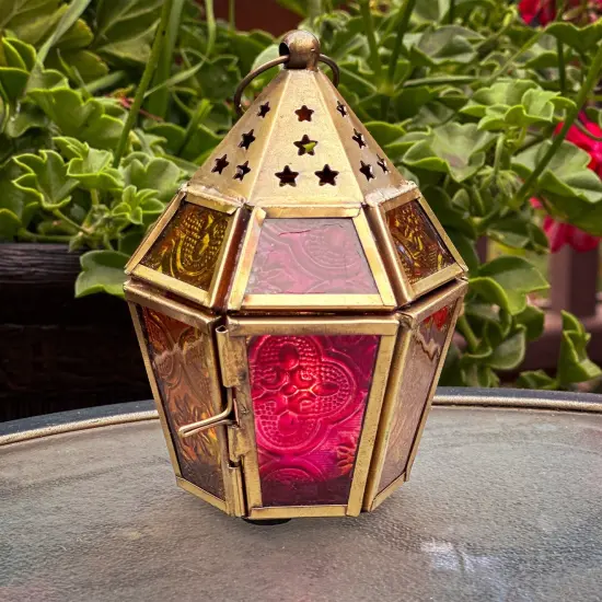 In the Breeze 9204 &mdash; Pink & Yellow Mini Hex Tealight Lantern &mdash; Moroccan-Style Boho Chic Tealight Glass and Metal Tabletop Lantern {2}