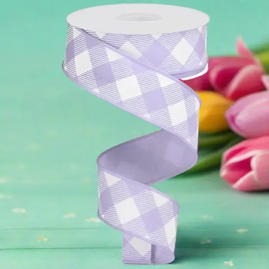 1.5" Diagonal Check On Royal Ribbon: Lavender & White (10 Yards) {3}