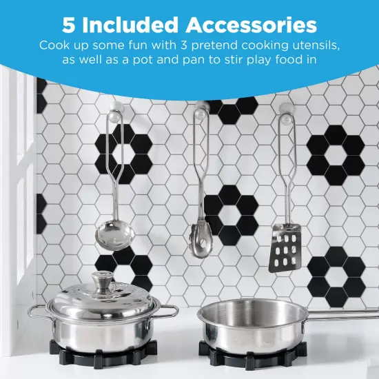 Best Choice Products Farmhouse Play Kitchen Toy for Kids w/ Chalkboard, Storage Shelves, 5 Accessories White/Black {5}