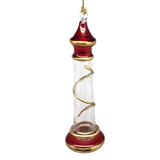 Glass Lighthouse Ornament With Gold Accent - Red {1}