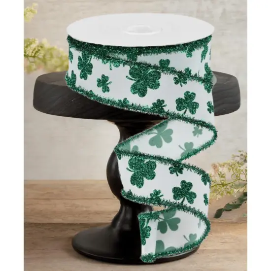 1.5" Glitter Shamrock Tinsel Ribbon: White (10 Yards) {4}