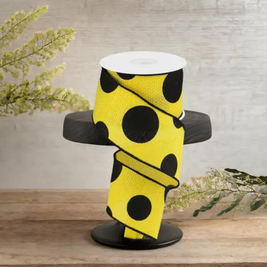 2.5" Faux Burlap Giant Polka Dot Ribbon: Yellow & Black (10 Yards) {2}