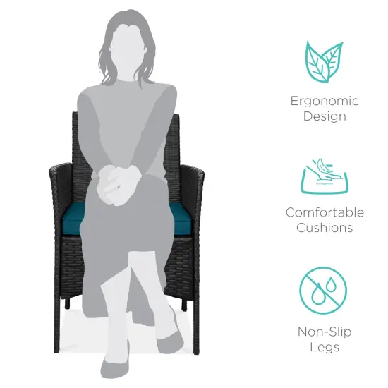 Best Choice Products 3-Piece Outdoor Wicker Conversation Patio Bistro Set, w/ 2 Chairs, Table Black/Peacock {4}