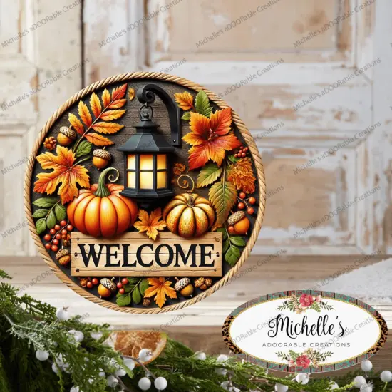 Fall Foliage Lantern Welcome Round Sign {2}