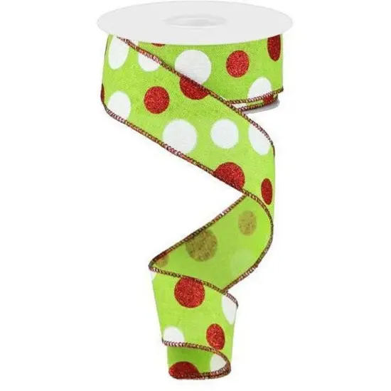1.5" Multi Glitter Dots Ribbon: Lime Green, Red, White (10 Yards) {1}