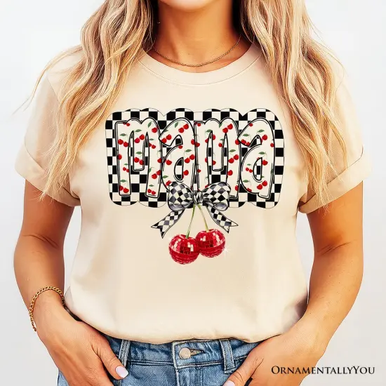Checkered Cherry Disco Mama T-Shirt, White and Natural Coquette Bow Tee for Trendy Mothers {2}
