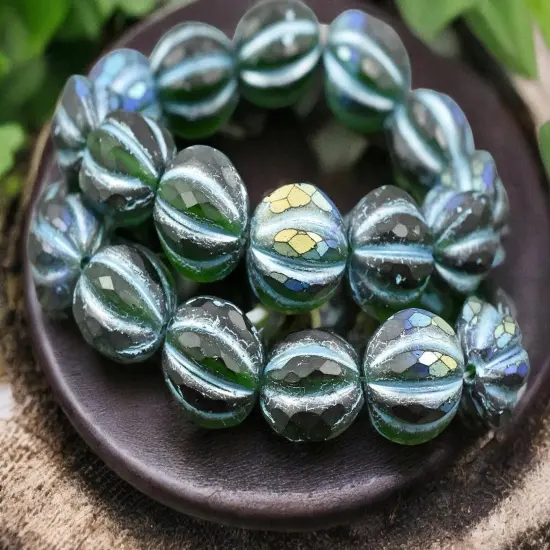 *12* 10mm Turquoise Washed Matte Emerald AB Faceted Round Melon Beads {4}