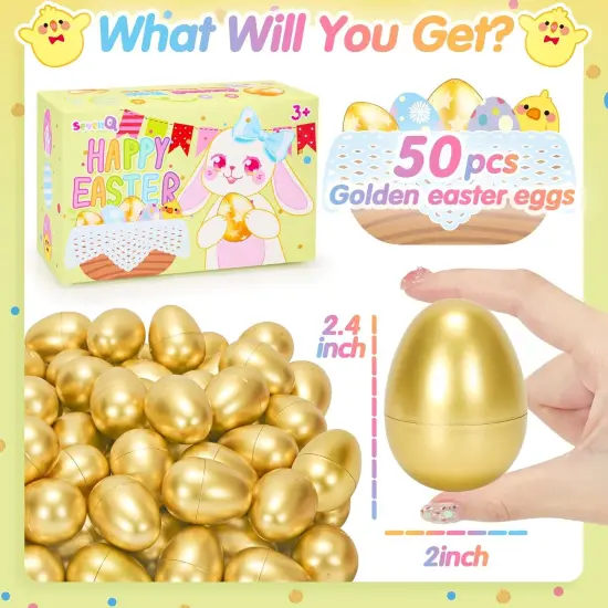 Fillable Easter Eggs 50Pcs Plastic Golden Eggs for Easter Basket Stuffers,Easter Gifts for Kids Party Favors Pinata Candy Goodie Bags Treasure Box Toys Fillers Easter Egg Hunt Games Decorations {3}