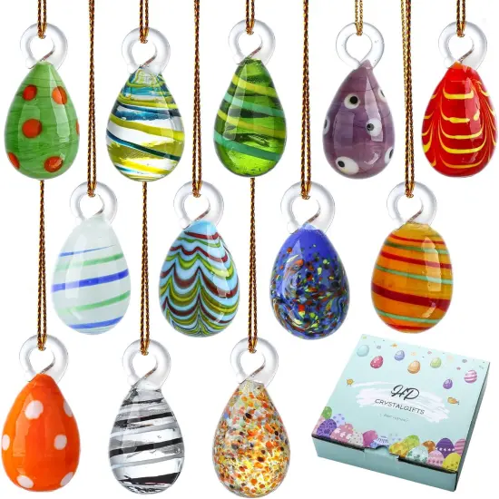 12PCS Blown Glass Easter Eggs Hanging Ornaments for Easter Tree Decorations Home Party DIY Crafts {1}