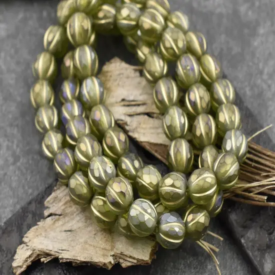 *20* 8mm Gold Washed Matte Olivine Luster Faceted Round Melon Beads {4}