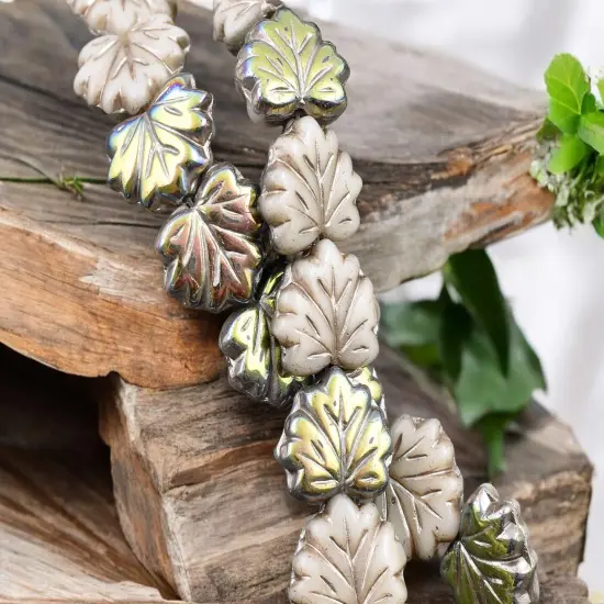 *20* 13x11mm Platinum Washed Opaque Ivory Marea Maple Leaf Beads {1}