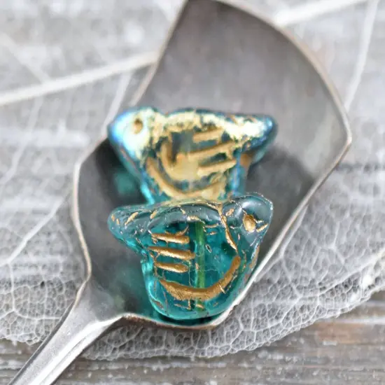 *6* 11x22mm Gold Washed Teal AB Bird Beads {4}