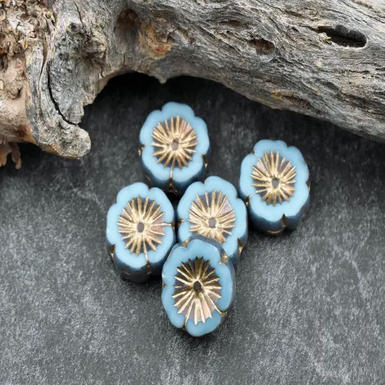 *10* 14mm Bronze & Gold Washed Sky Blue Table Cut Hawaiian Flower Beads {3}