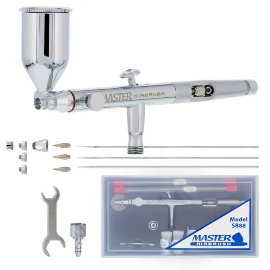 Master Elite SB88 Set Dual-Action Side Feed Airbrush Kit with 3 Nozzle Sets (0.3, 0.5 & 0.8mm) Needles, Fluid Tips and Air Caps), 1/2 oz. Gravity Cup, Guide {1}