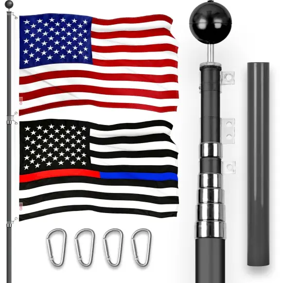 G128 Combo Pack: 20 Ft Telescoping Aluminum Flagpole (Black) & American and Thin Blue Red Line Flags 3x5 Ft, Both ToughWeave Series Embroidered Polyester | Pole with Flags Included {1}