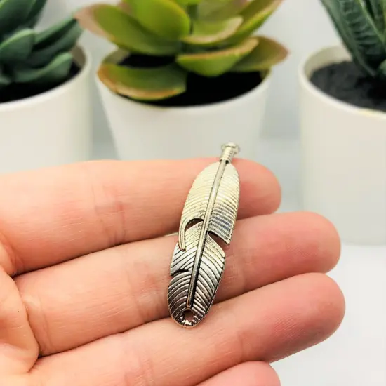 Silver Feather Connector Charms, 45x11mm {2}
