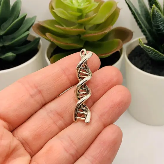 Silver DNA Helix Genealogy 3D Pendant Charms, 40x10mm {2}