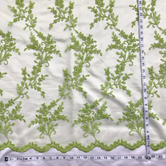 1 Yard Beaded Corded Bridal Lace Fabric Embroidered Mesh Peach 52" Width Lime Green {2}