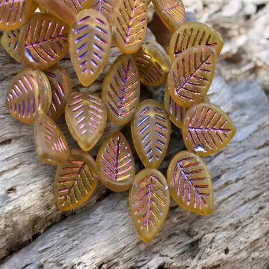*15* 16x12mm Metallic Volcano Washed Matte Topaz Top Drilled Doogwood Leaf Beads {3}
