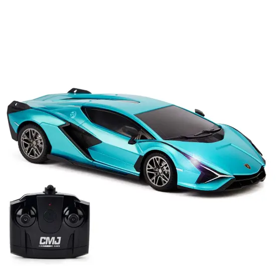 CMJ RC Cars: Lamborghini Si&aacute;n FKP 37 - Blue - 1:24 Scale, Remote Control Radio Vehicle, 2.4 Ghz, LED Headlights, Indoor-Outdoor Racing Toy, Licensed {1}