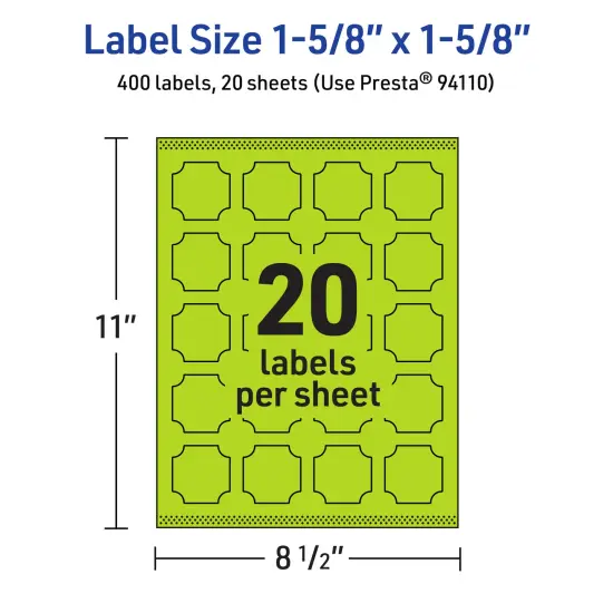 Avery Bright Green Paper Labels, 1-5/8" x 1-5/8" Square Scalloped {5}