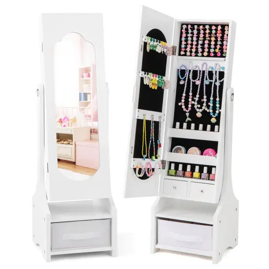 Costway Kids Jewelry Cabinet with Full-Length Mirror Drawer 2 Adjustable Tilt Angles White/Pink {7}