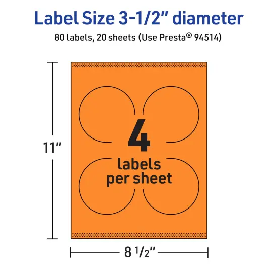 Avery Bright Orange Paper Labels, 3.5" Diameter Round {5}