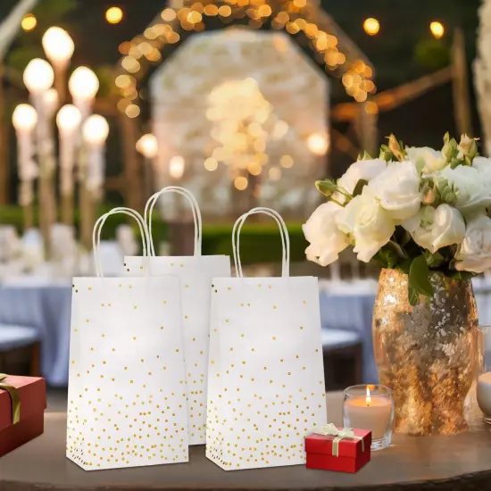 25 Pack Small Gift Bags with Handles - White Paper Bags with Gold Foil Polka Dots for Birthday, Wedding, Retail (5.5x3x9 In) {3}