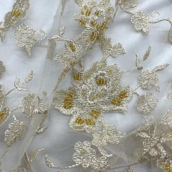 1 Yard Champagne with Gold Beaded Lace Fabric Embroidered Pearl Sequin Mesh Bridal Gown 54" Width {1}
