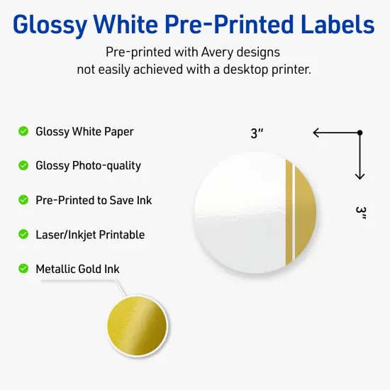 Avery Printable Round Labels, Gold Double-Dipped Edge, 3" Diameter, Glossy White Round Labels, Permanent, Laser/Inkjet, 60ct, Great for Product Labels {2}