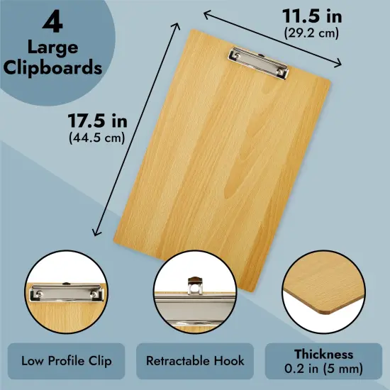 4 Pack Extra Large Clipboards, Wooden Art Board with Low-Profile Clip and Hook for Classroom and Office, 11.5x17.5 In Brown {4}