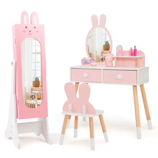 Costway Kids Vanity Set Princess Makeup Dressing Table and Chair Set with Jewelry Armoire White/Pink {2}