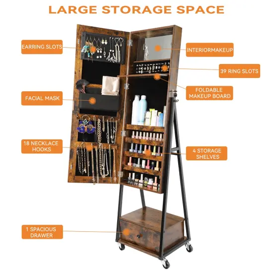 Jewelry Cabinet Floor Type Lockable Jewelry Storage Box with High Full-Length Mirror Bottom Drawer Shelves {3}