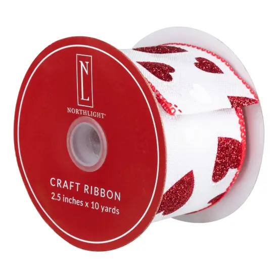 Northlight Glitter Hearts Valentine's Day Wired Craft Ribbon- 2.5" x 10 Yards - White and Red {6}
