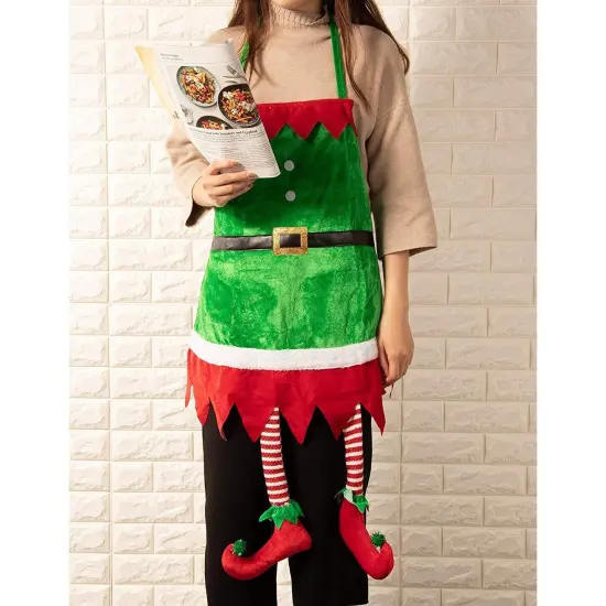 Christmas Apron with Hanging Legs, Elf Kitchen Accessory (35 x 23 In, Green) {2}