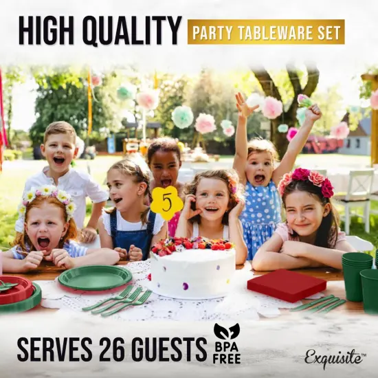 Exquisite 182 Pcs Plastic Plates for Party &ndash; Disposable Plates Set &ndash; 26 Each of 9" Dinner Plates, 7" Dessert Plates, Plastic Cups, Napkins & Plastic Cutlery &ndash; Plastic Dinnerware by Party Solids Holiday {6}