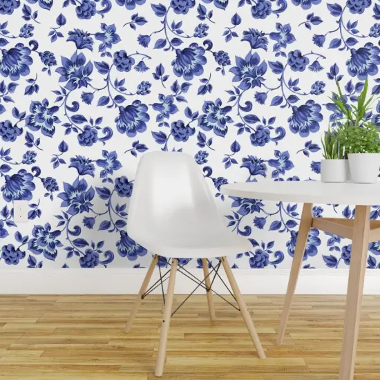 Pre-Pasted Wallpaper 2FT Wide Simple Blue Flower Traditional Vintage Flowers And White Chintz Custom Pre-pasted Wallpaper by Spoonflower {1}
