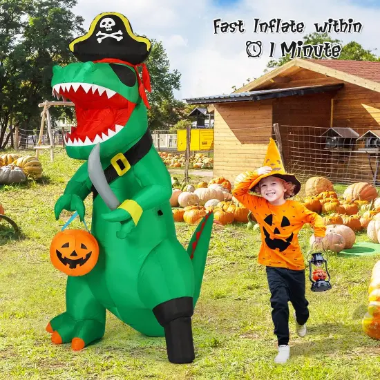 GOOSH 7 FT Halloween Inflatables Dinosaur Blow Up Yard Pirate Dinosaur with Pumpkin Decoration with Built-in LEDs {3}