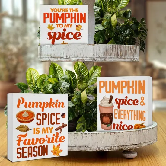 3 Pcs Fall Wood Signs Decor Pumpkin Spice Wood Block Signs {5}
