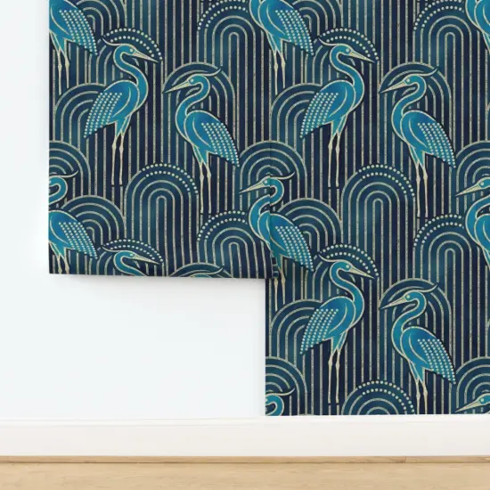 Peel & Stick Wallpaper 2FT Wide Teal Crane Bold Large Scale Art Deco Blue Birds Modern Watercolor Arches Custom Removable Wallpaper by Spoonflower {2}