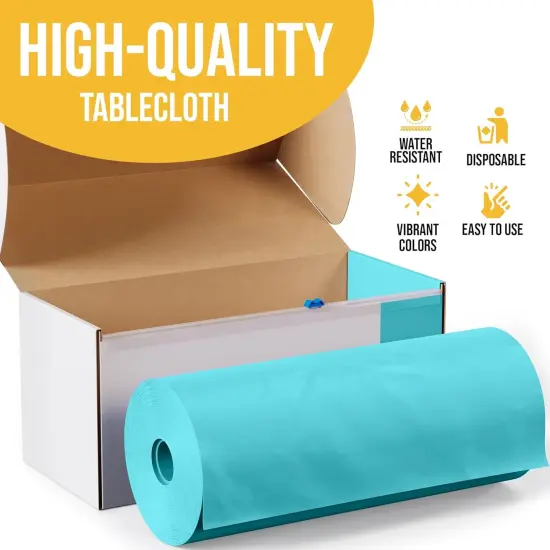 Exquisite Party Solids 54" x 100' Plastic Table Cover Roll with Slide Cutter &ndash; Cut-to-Size Dispenser Box &ndash; Makes Up to 36 Disposable 8' Rectangle Tablecloths Light Blue {5}