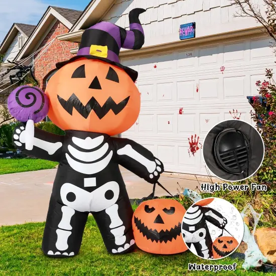 GOOSH 6 FT Halloween Inflatable Pumpkin Skull Body Blow Up Yard Pumpkin with Built-in LEDs {4}