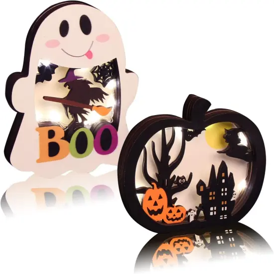 2pcs Halloween Lighted Wooden Table Decoration, Ghost Pumpkin {2}