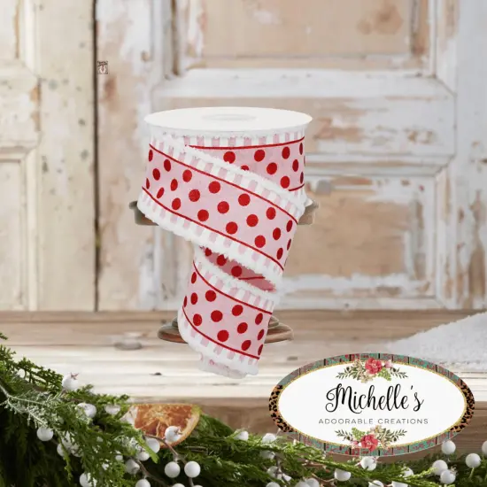 2.5" Glitter Stripes Polka Dot Drift Edge Ribbon: Red & Pink (10 Yards) {2}